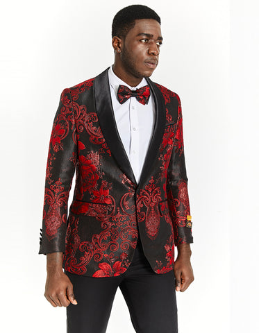 Mens Black & Red Paisley Floral Prom Tuxedo Dinner Jacket