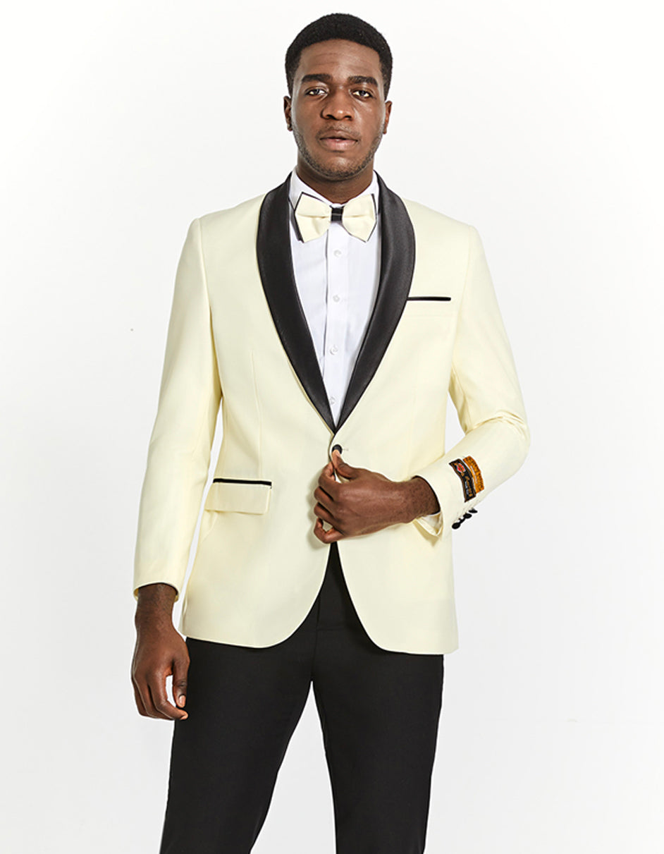 Mens Modern Fit Ivory Prom Tuxedo Dinner Jacket with Black Shawl Lapel