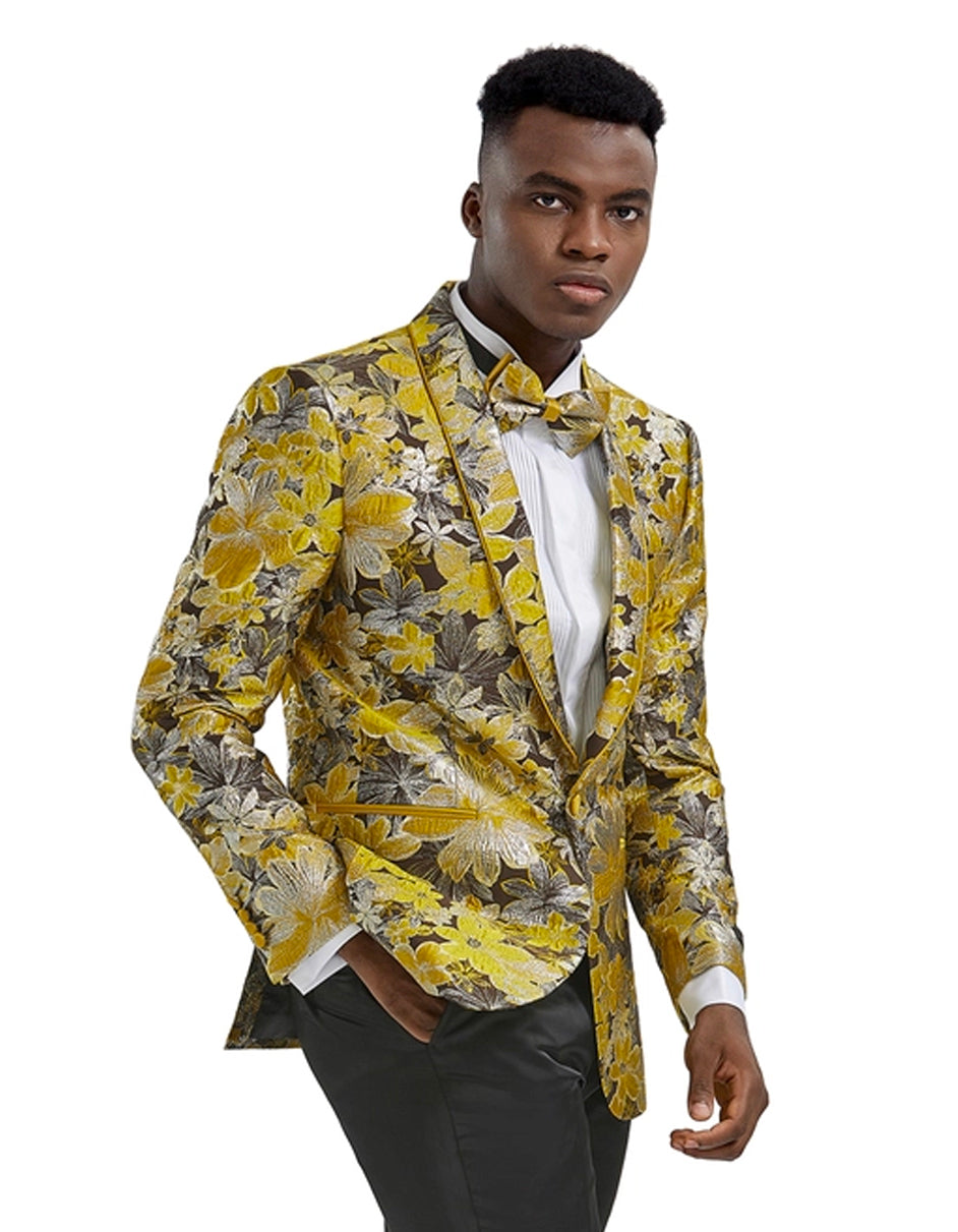 X-Small Mens Paisley Shawl Prom Tuxedo Blazer in Yellow Gold