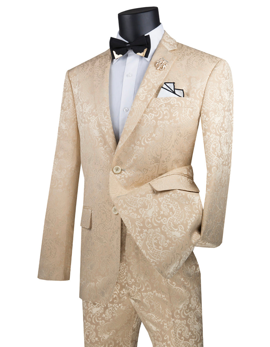 Mens 2 Button Slim Fit Paisley Prom Suit in Beige