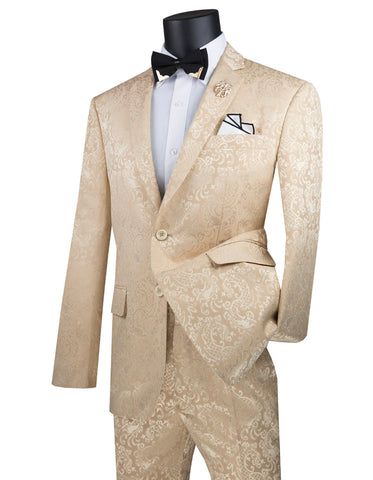 Mens 2 Button Slim Fit Paisley Prom Suit in Beige