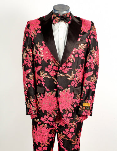 Mens 2 Button Hot Pink Fuschia & Black Floral Paisley Tuxedo Tuxedo