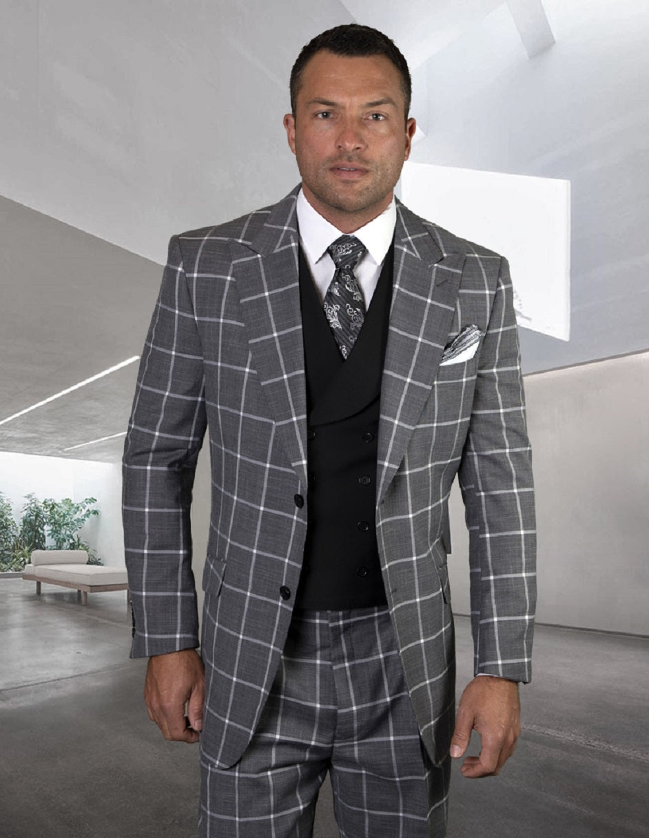 Mens 2 Button Wide Peak Lapel Suit with Double Breasted Shawl Lapel Vest in Black Windowpane