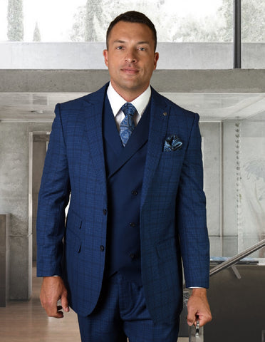 Mens 2 Button Wide Peak Lapel Suit with Double Breasted Shawl Lapel Vest in Sapphire Windowpane