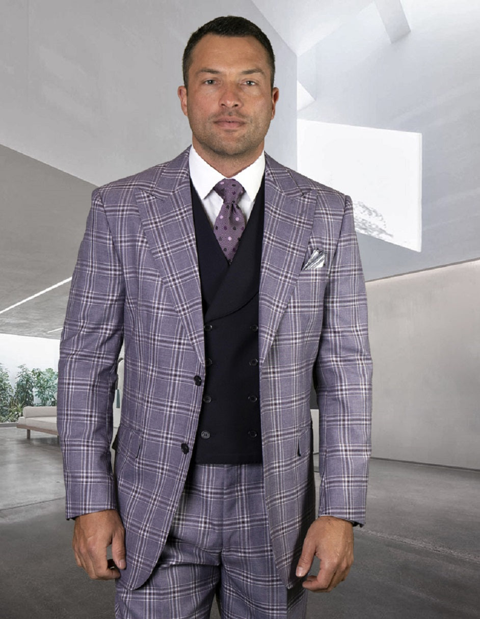 Mens 2 Button Wide Peak Lapel Suit with Double Breasted Shawl Lapel Vest in Eggplant Windowpane