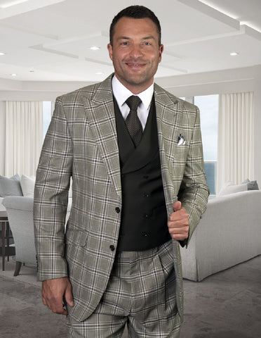 Mens 2 Button Wide Peak Lapel Suit with Double Breasted Shawl Lapel Vest in Olive Windowpane
