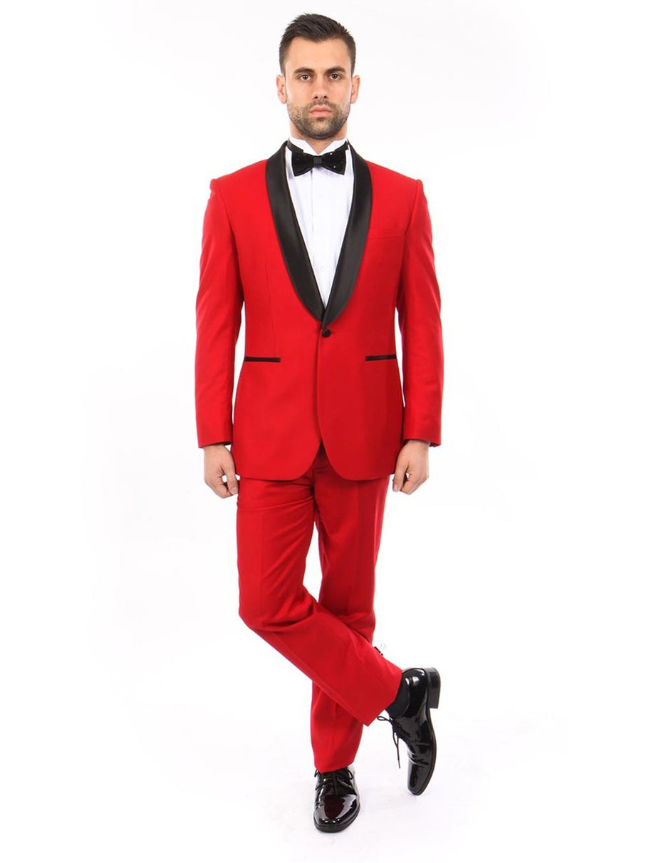 Mens Modern Fit Wool Shawl Prom Tuxedo in Red