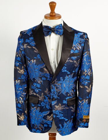 Mens 2 Button Royal Blue and Gold Foil Paisley Tuxedo Blazer - Men's Tuxedo USA