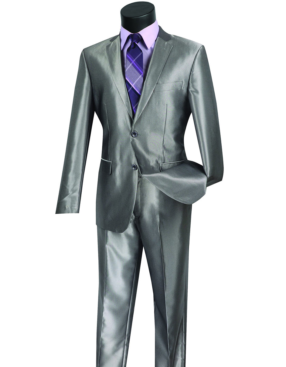 Mens Modern Fit Shiny Sharkskin Suit in Silver Grey