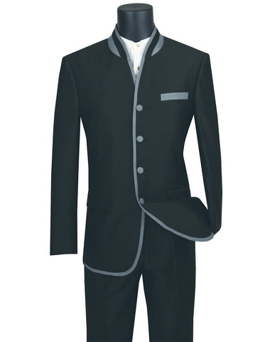 Mens 4 button Mandarin Tuxedo in Sharkskin Black with Grey Trim