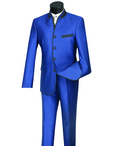 Mens 4 button Mandarin Tuxedo in Sharkskin Royal Blue with Black Trim