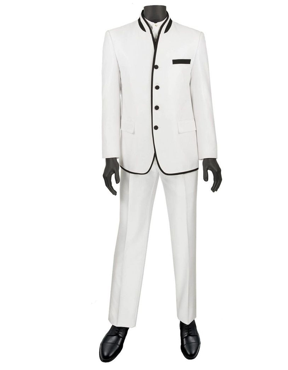 Mens 4 button Mandarin Tuxedo in Sharkskin White with Black Trim