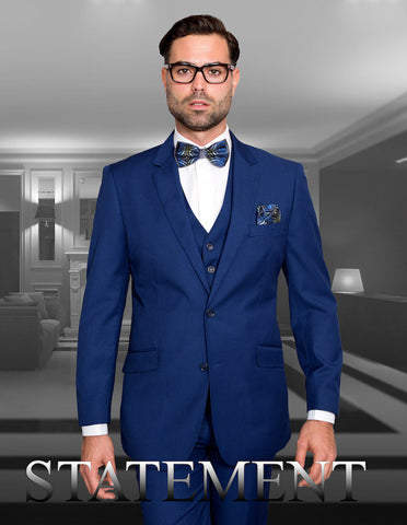Mens 2 Button Modern Fit Vested Wool Suit in Sapphire Blue