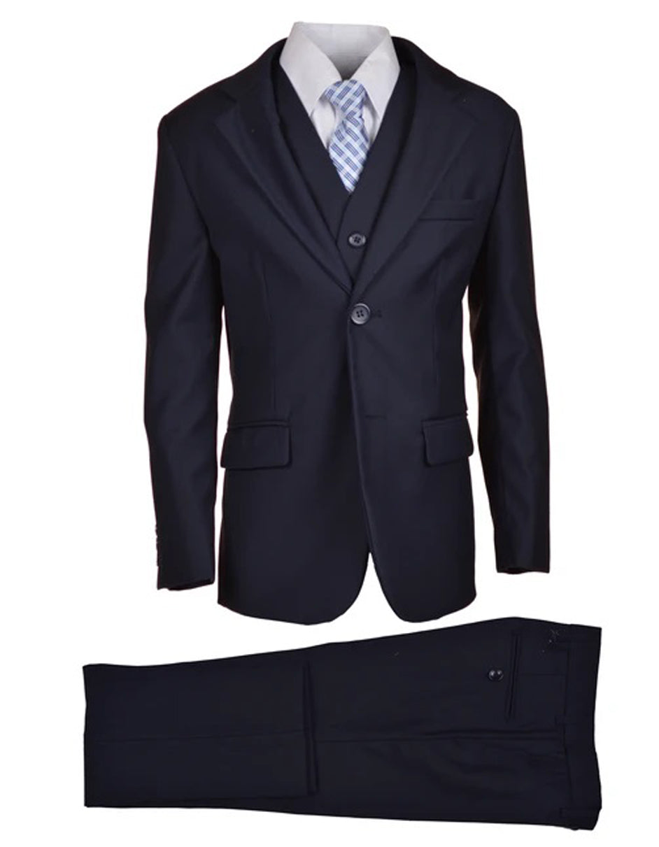 Boys 2 Button Vested 5PC Suit with Shirt and Tie in Navy