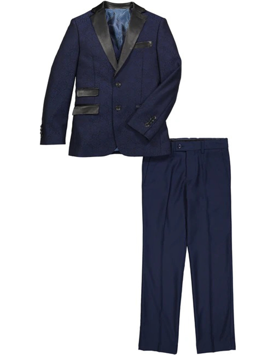 Boys 2 Button Vested Brocade Print Tuxedo in Navy