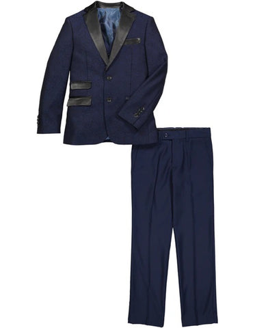 Boys 2 Button Vested Brocade Print Tuxedo in Navy