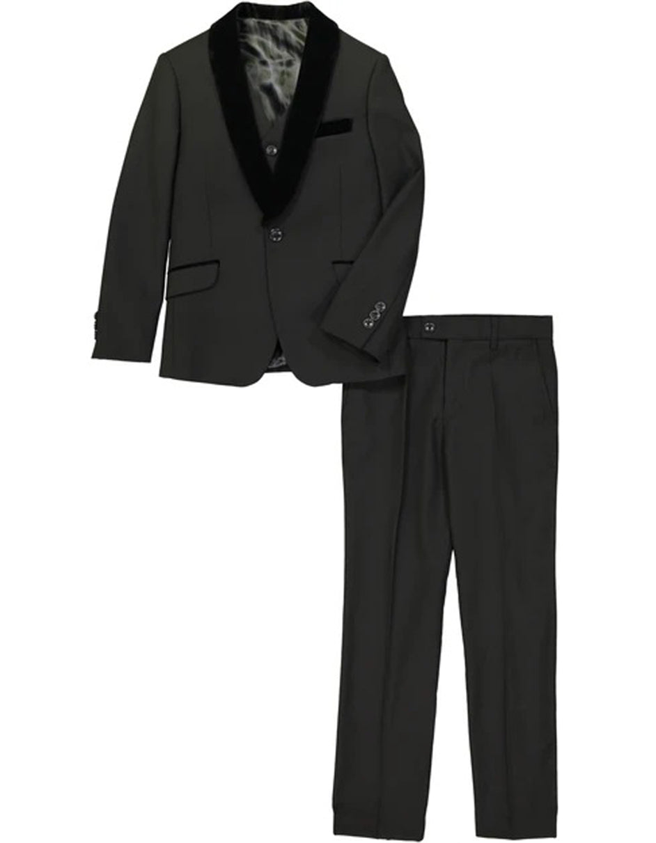 Boys One Button Vested Velvet Shawl Tuxedo in Black