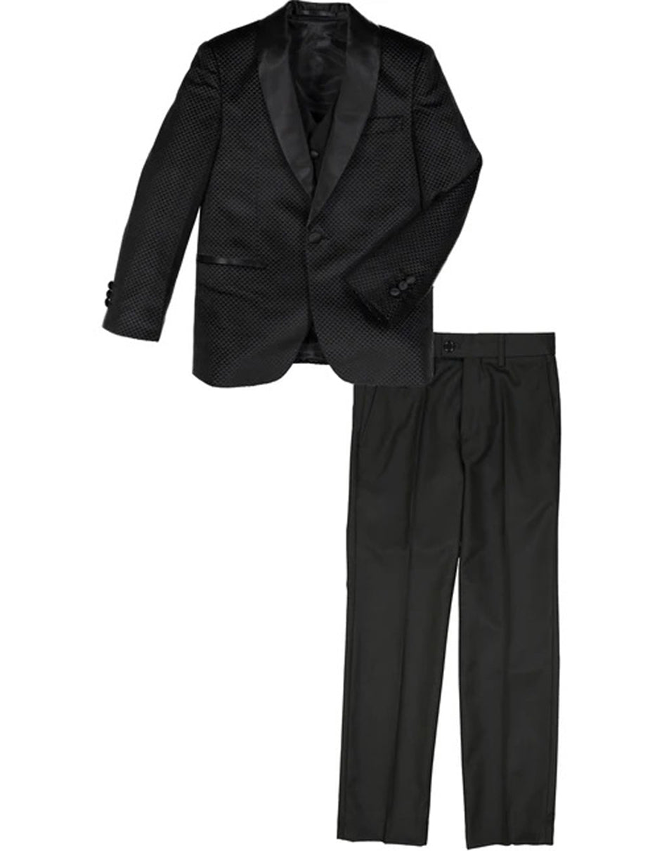 Boys One Button Vested Shawl Tuxedo in Black Geometric Print