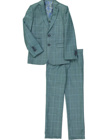 Boys 2 Button Vested Wide Windowpane Suit in Sage