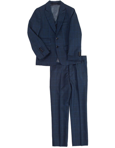 Boys 2 Button Vested Wide Windowpane Suit in Navy