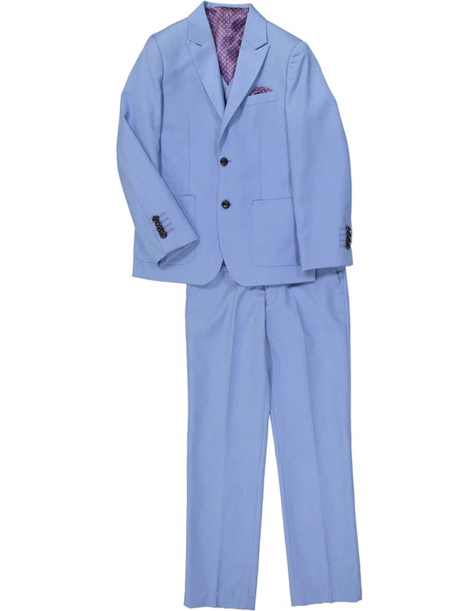 Boys 2 Button Vested Peak Lapel Summer Wedding Suit in Light Blue