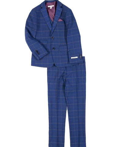 Boys 2 Button Vested Cobalt Blue Windowpane Plaid Suit