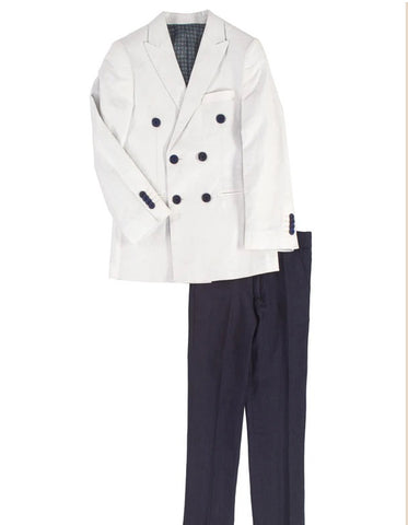 Boys Double Breasted White Summer Blazer with Navy Pants