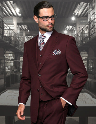 Mens 2 Button Modern Fit Vested Wool Suit in Burgundy