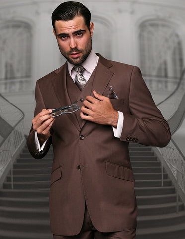 Mens 2 Button Modern Fit Vested Wool Suit in Coco Brown