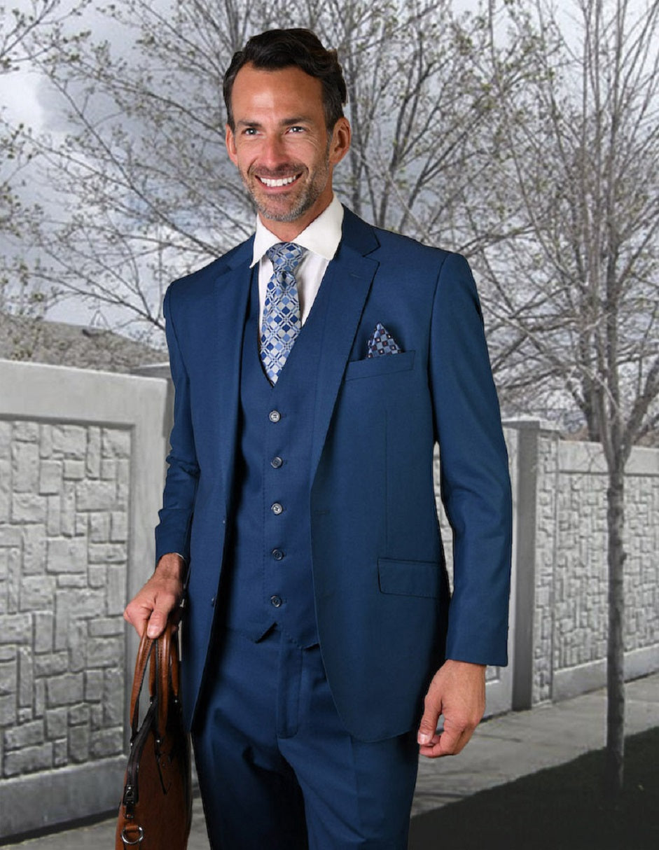 Mens 2 Button Modern Fit Vested Wool Suit in French Blue