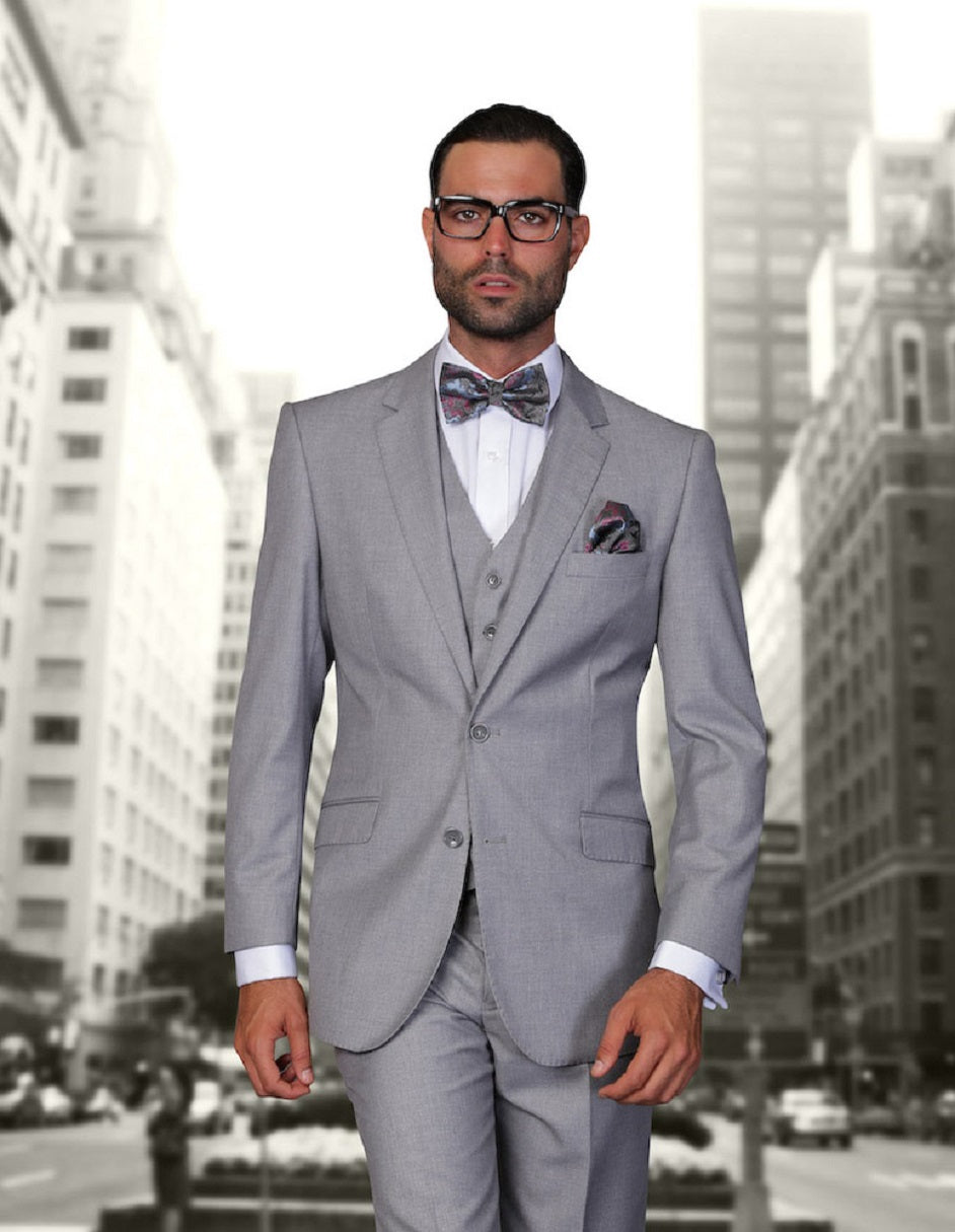 Mens 2 Button Modern Fit Vested Wool Suit in Grey