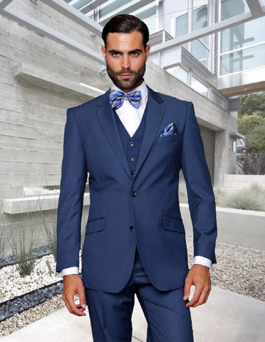 Mens 2 Button Modern Fit Vested Wool Suit in Indigo Blue