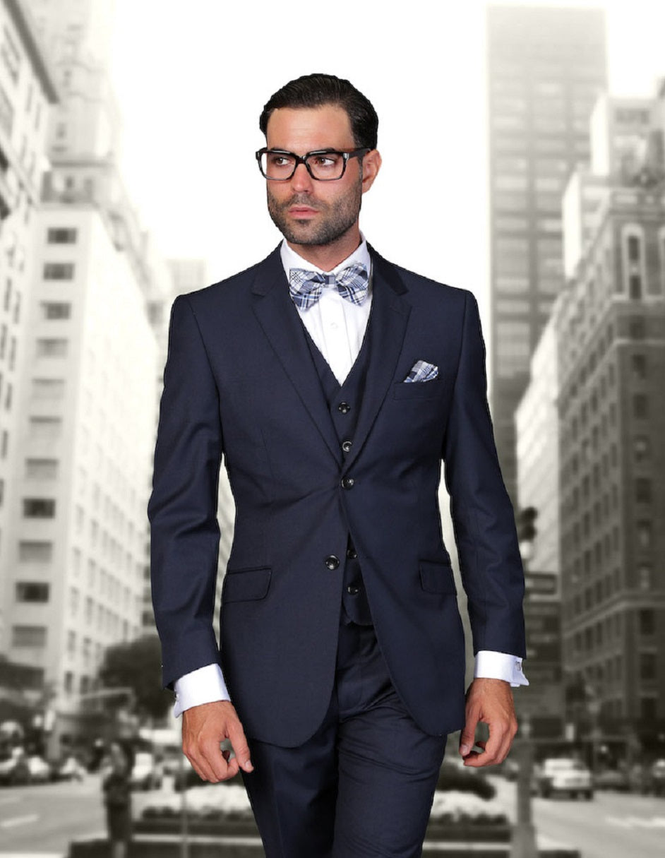 Mens 2 Button Modern Fit Vested Wool Suit in Midnight Blue