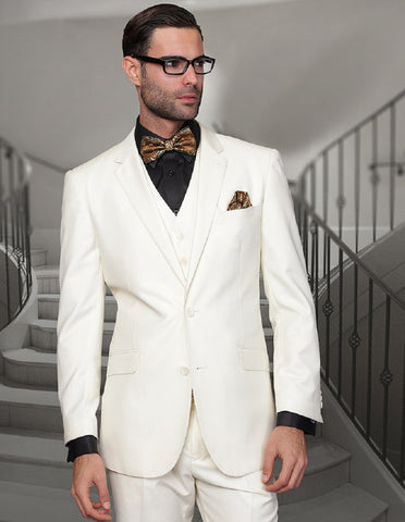 Mens 2 Button Modern Fit Vested Wool Suit in Ivory