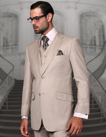 Mens 2 Button Modern Fit Vested Wool Suit in Sand