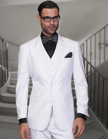 Mens 2 Button Modern Fit Vested Wool Suit in White
