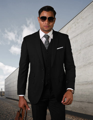 Mens 2 Button Modern Fit Vested Pick Stich Suit in Black