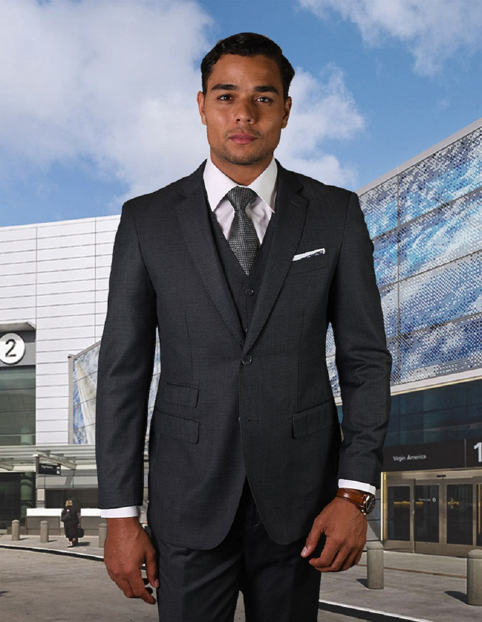 Mens 2 Button Modern Fit Vested Pick Stich Suit in Charcoal Grey