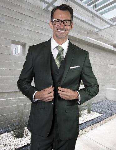 Mens 2 Button Modern Fit Vested Pick Stich Suit in Hunter Green