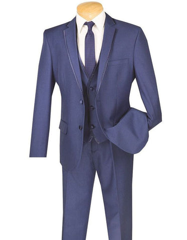 Mens 3pc Vested Slim Fit 2 Button Tuxedo in Blue with Satin Trim