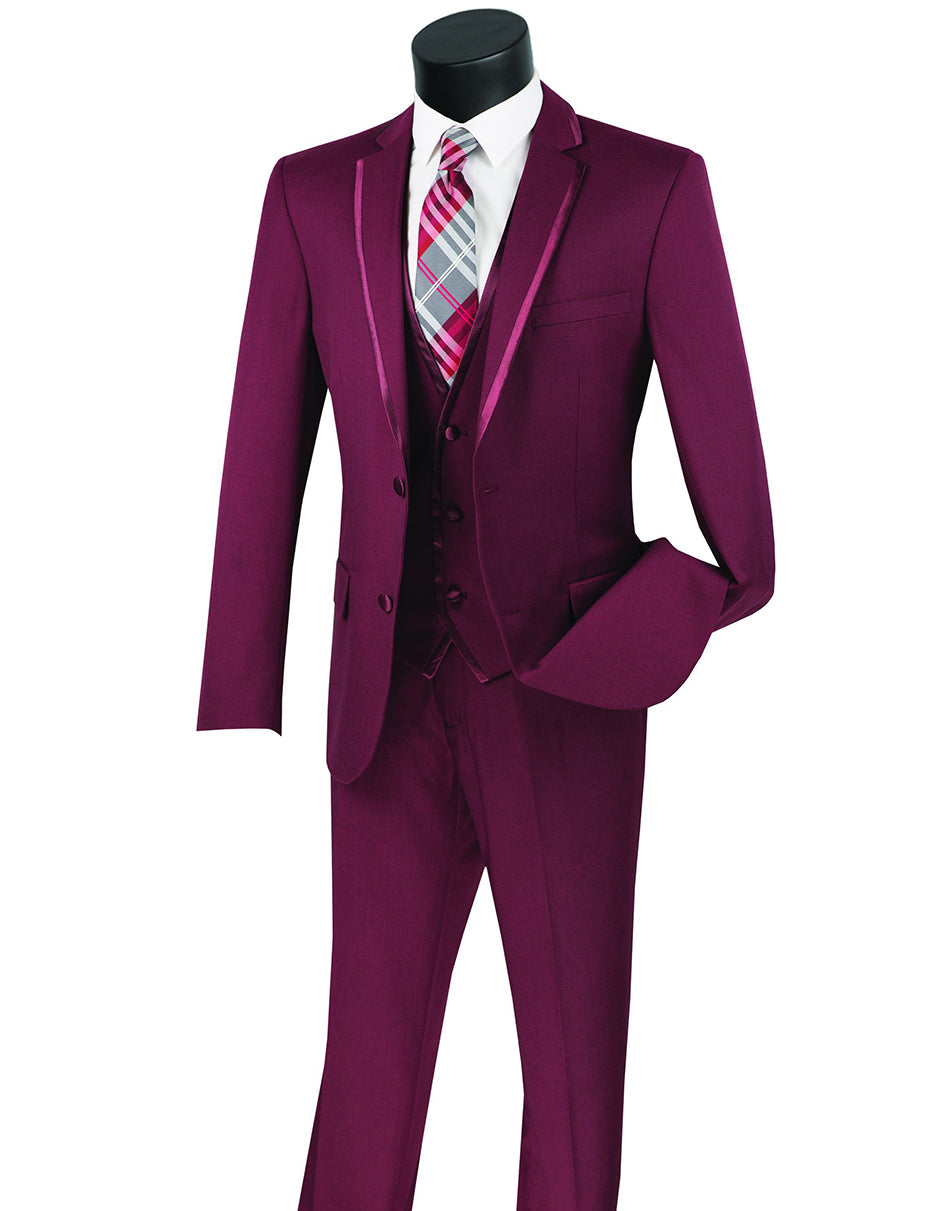 Mens 3pc Vested Slim Fit 2 Button Tuxedo in Burgundy with Satin Trim