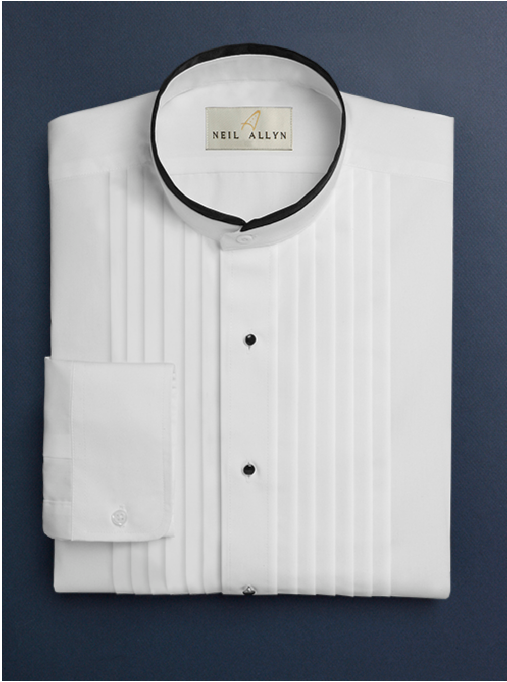 Mens Cotton Black Banded Pleat Front Mandarin Shirt in White