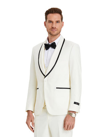 Mens Modern Fit Vested Shawl Tuxedo in Ivory with Black Trim