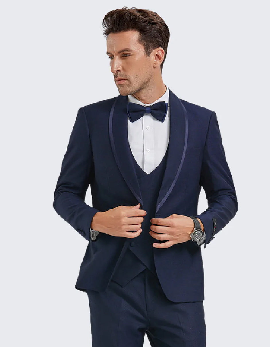 Mens Modern Fit Vested Shawl Tuxedo in Navy with Navy Trim