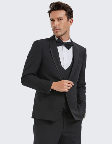 Mens Modern Fit Vested Shawl Tuxedo in Black with Black Trim