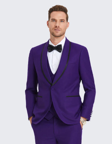 Mens Modern Fit Vested Shawl Tuxedo in Purple with Black Trim