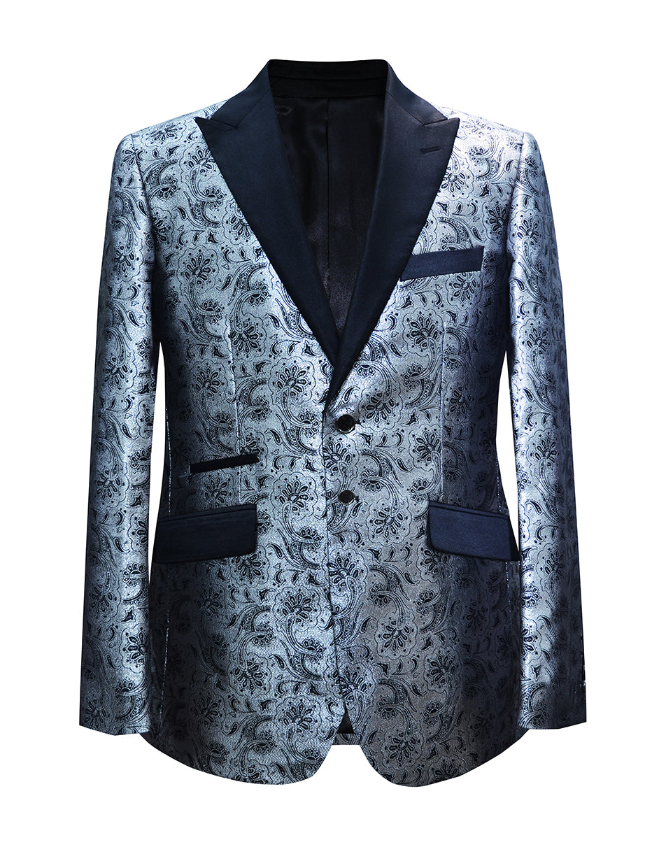 XS Mens Paisley Floral Tuxedo Jacket in Silver Grey Black