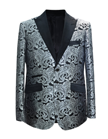 Mens Paisley Floral Tuxedo Jacket in Charcoal Grey & Black