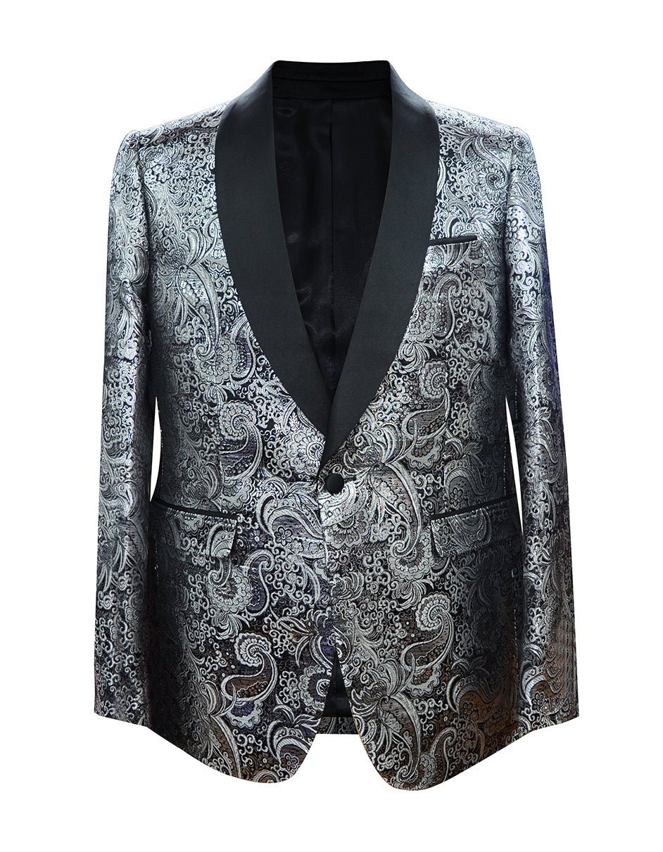 Mens Paisley Floral Shawl Tuxedo Jacket in Silver & Black