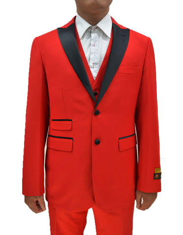 Mens 2 Button Peak Lapel Vested Tuxedo in Red